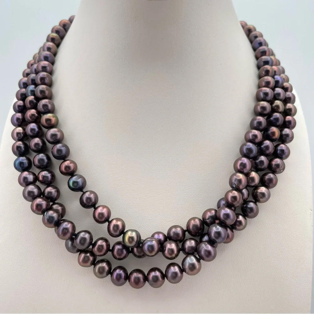 Elegant Long Knotted Peacock Freshwater Pearl Necklace Gold-Filled Clasp 53”Long